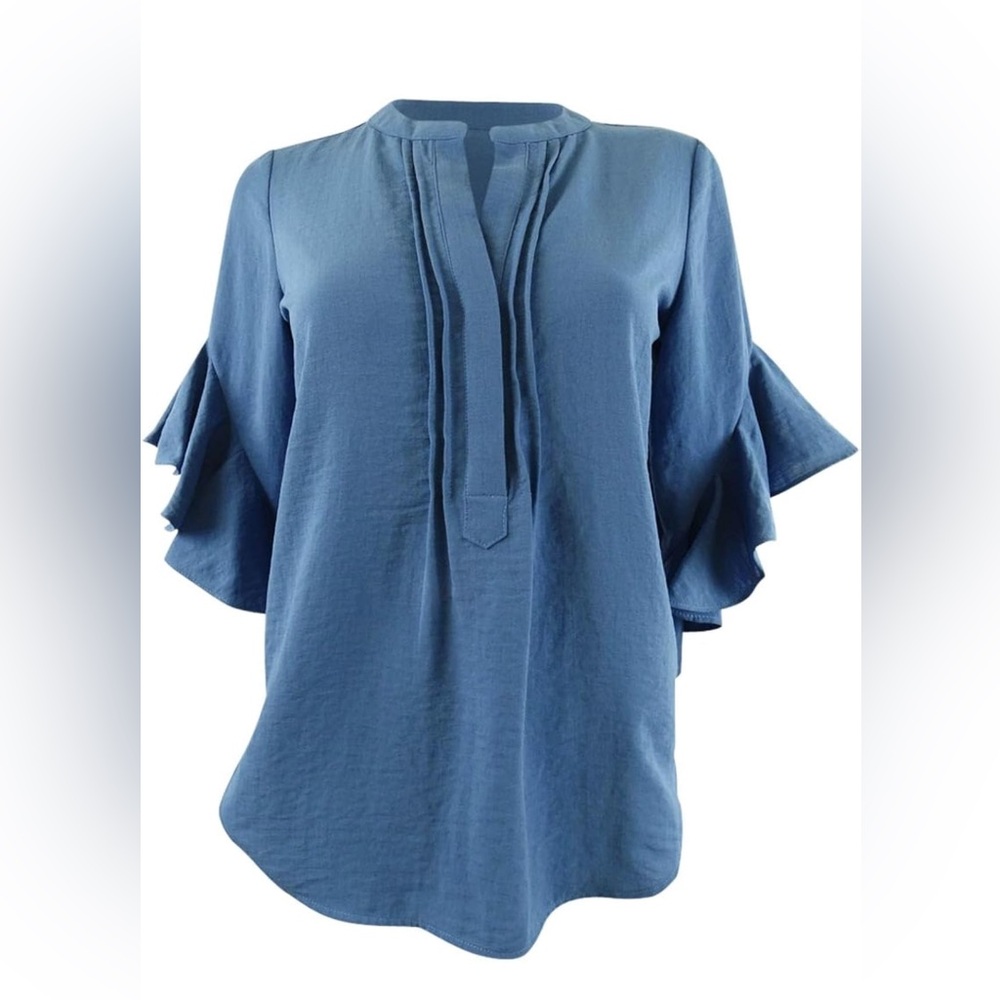 Vince Camuto Blue Flutter Sleeve Matte Rumple Satin Blouse, Size M, NWT